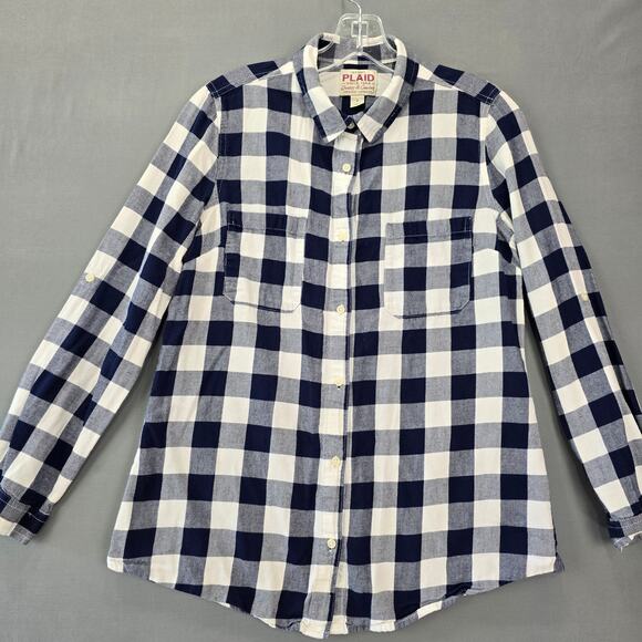 Old Navy Plaid Blue White Check Shirt Long Roll Tab Sleeves Button Up Women's M - Picture 1 of 9